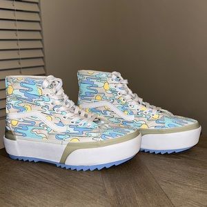 Vans Sk8-Hi Stacked Mint, Blue & Yellow Sunwaves Platform Shoes
